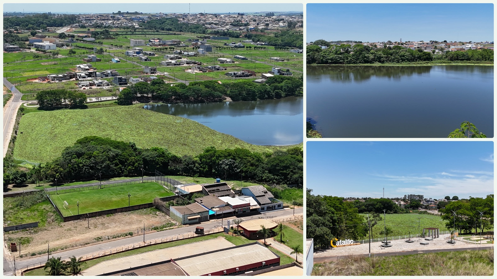 Colagem de fotos aéreas da Represa da Bica e do parque ao lado do Barka II